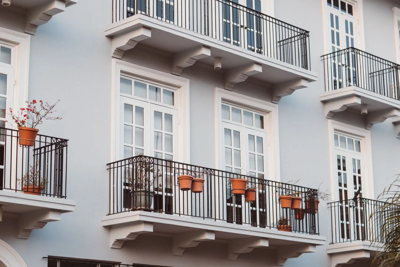 Apartment balconies with iron railings and terracotta plant pots on a pale blue building