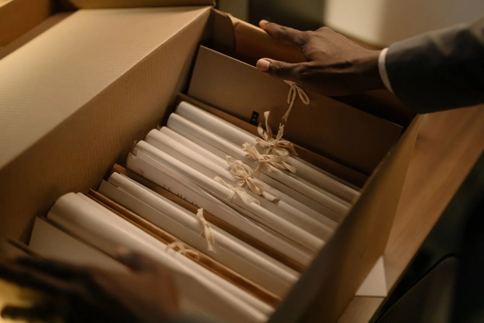 Hands sorting through a cardboard box of tied paper file folders
